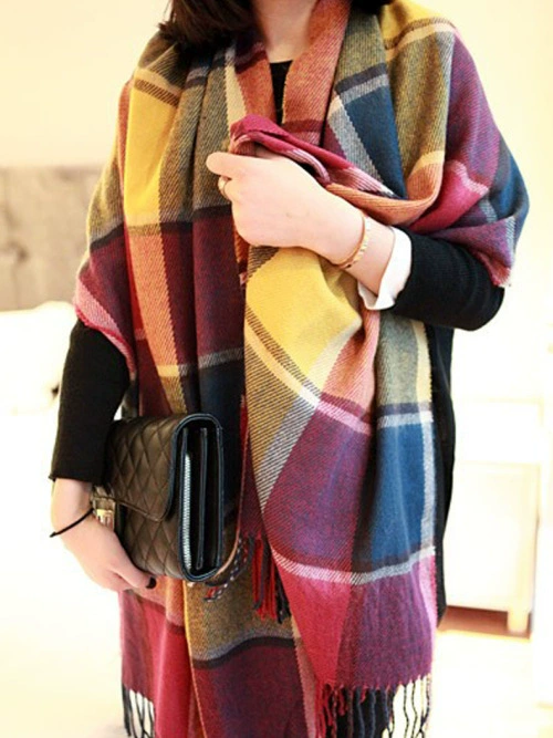 Extra‑Long Faux Fur Scarf with Tassels, Elegant Plaid Shawl, 200 × 62 cm