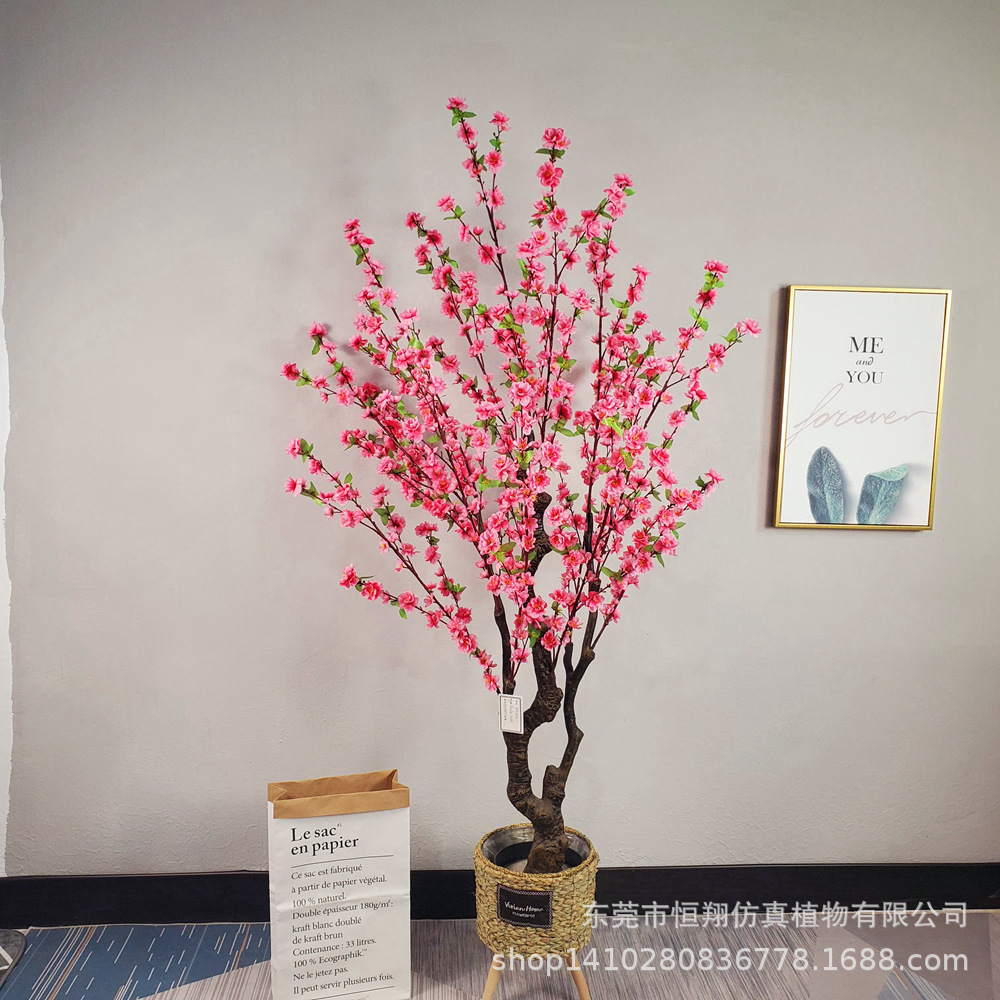 Venta caliente planta de simulación flor de durazno falsa decoración de la sala de estar sala de exposiciones planta en maceta de piso flor falsa decoración de interiores flor de durazno de simulación