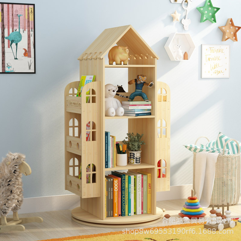 Creativo de madera maciza giratoria estantería casa piso bebé niños de almacenamiento de juguete estudiante pequeña estantería estante de almacenamiento