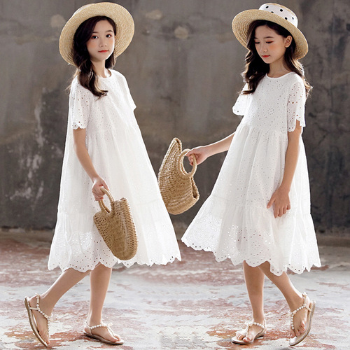 Little Girls' Summer Short Sleeve Lace-up Princess Dress  New Style for Middle and Big Kids, Cute Girls' Dress