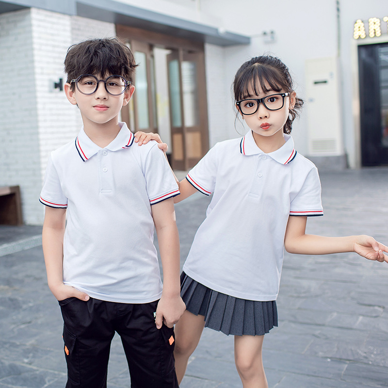 White Short-sleeved Summer School Uniform for Primary School Students Garden Clothes Children's Short-sleeved T-shirt Polo Shirt for Boys and Girls Pure Cotton Polo Shirt White Short-sleeved Summer School Uniform for Primary School Students Garden Clothes Children's Short-sleeved T-shirt Polo Shirt for Boys and Girls Pure Cotton Polo Shirt