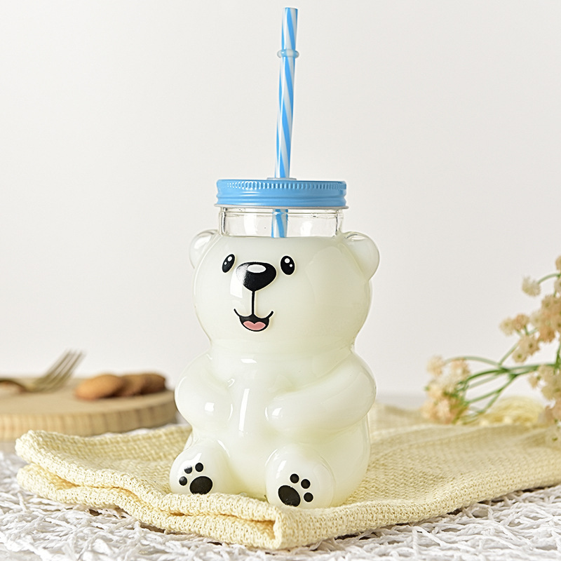 Taza de paja de oso con taza de vidrio cubierta, taza de té de leche de viento, taza de vidrio de dibujos animados encantadora, taza de agua de fábrica al por mayor
