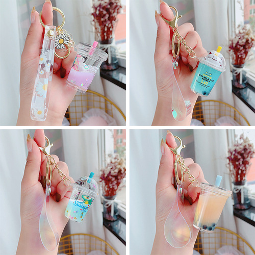 Creative Cartoon Unicorn Bottle Fruit Daisy Acrylic Cat Pearl Milk Tea Cute Car Keychain