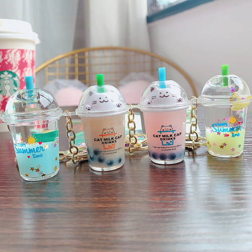 Creative Cartoon Unicorn Bottle Fruit Daisy Acrylic Cat Pearl Milk Tea Cute Car Keychain