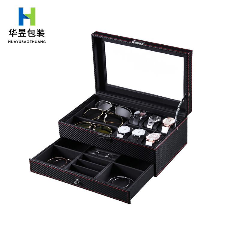 Foreign trade jewelry box cross-border spot carbon fiber leather 6-digit watch box 3-digit glasses display double-layer jewelry storage box