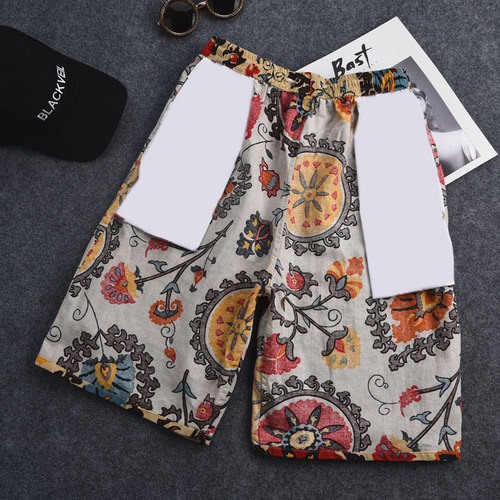 Summer New Cotton Linen Print Five-Finger Men's Beach Shorts Casual Sports Loose Plus Size Shorts Men Thin Trendy