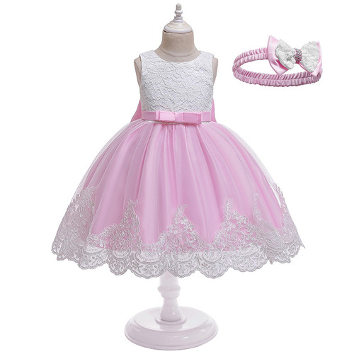 Foreign trade wholesale new girls long skirt bow lace dress middle and older children evening dress kids dress