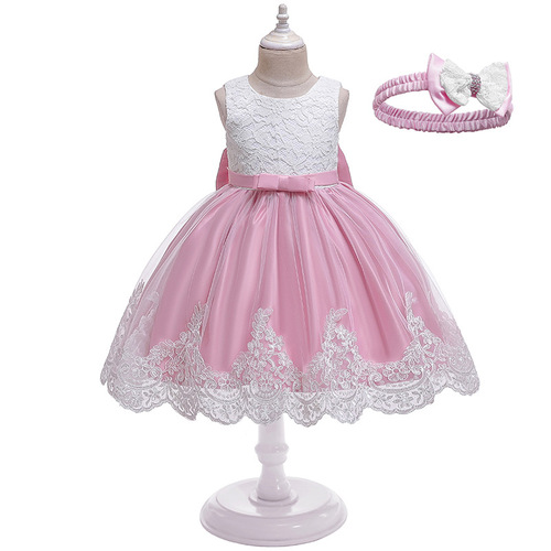 Foreign trade wholesale new girls long skirt bow lace dress middle and older children evening dress kids dress