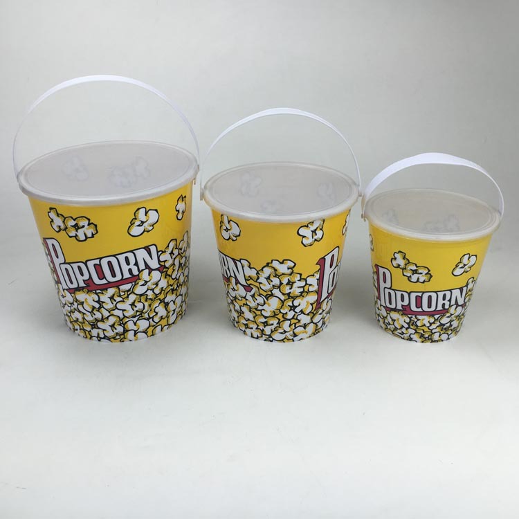 厂家直供塑料爆米花打包外卖饼干食品包装PP拎手膜内贴带盖桶批发