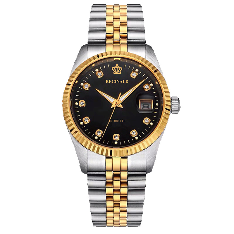 Orologio da polso meccanico automatico da uomo, impermeabile, con calendario, elegante cinturino in acciaio, quadrante con diamanti incastonati, orologio retrò color oro._voghion.com