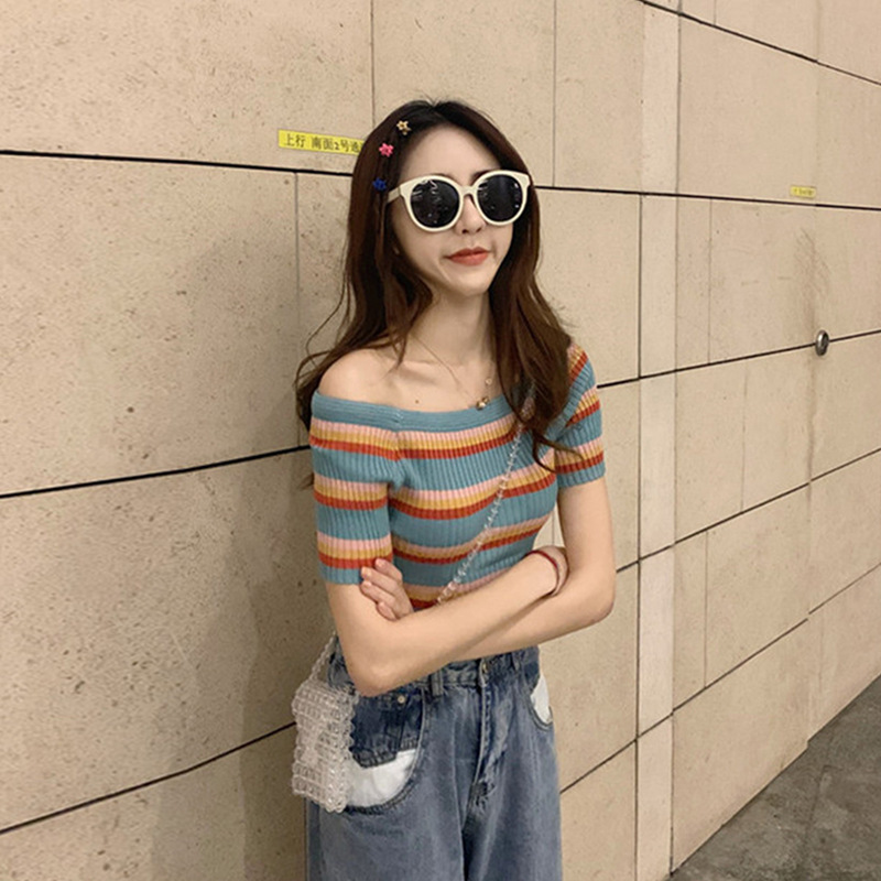 Off-shoulder thin rainbow striped T-shirt women's off-neck tight knitted bottoming shirt Korean style slimming Internet celebrity ins trendy
