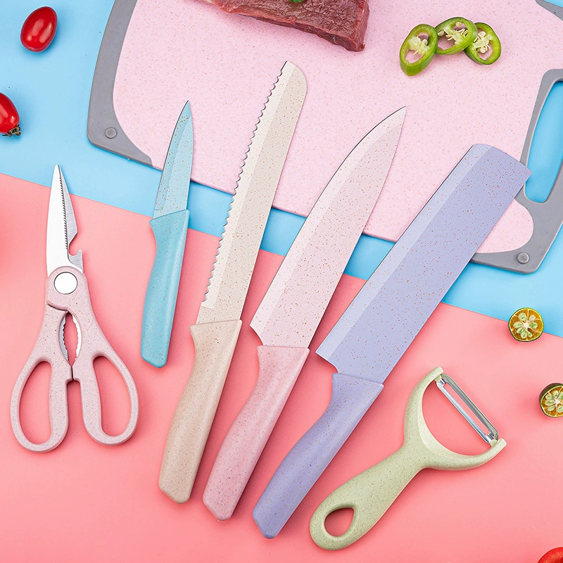 Kitchen Knife Set, Wheat Straw Handles, 6–7 Piece Gift Box with Cutting Board, Compact 22.7×11.9×5.25 cm