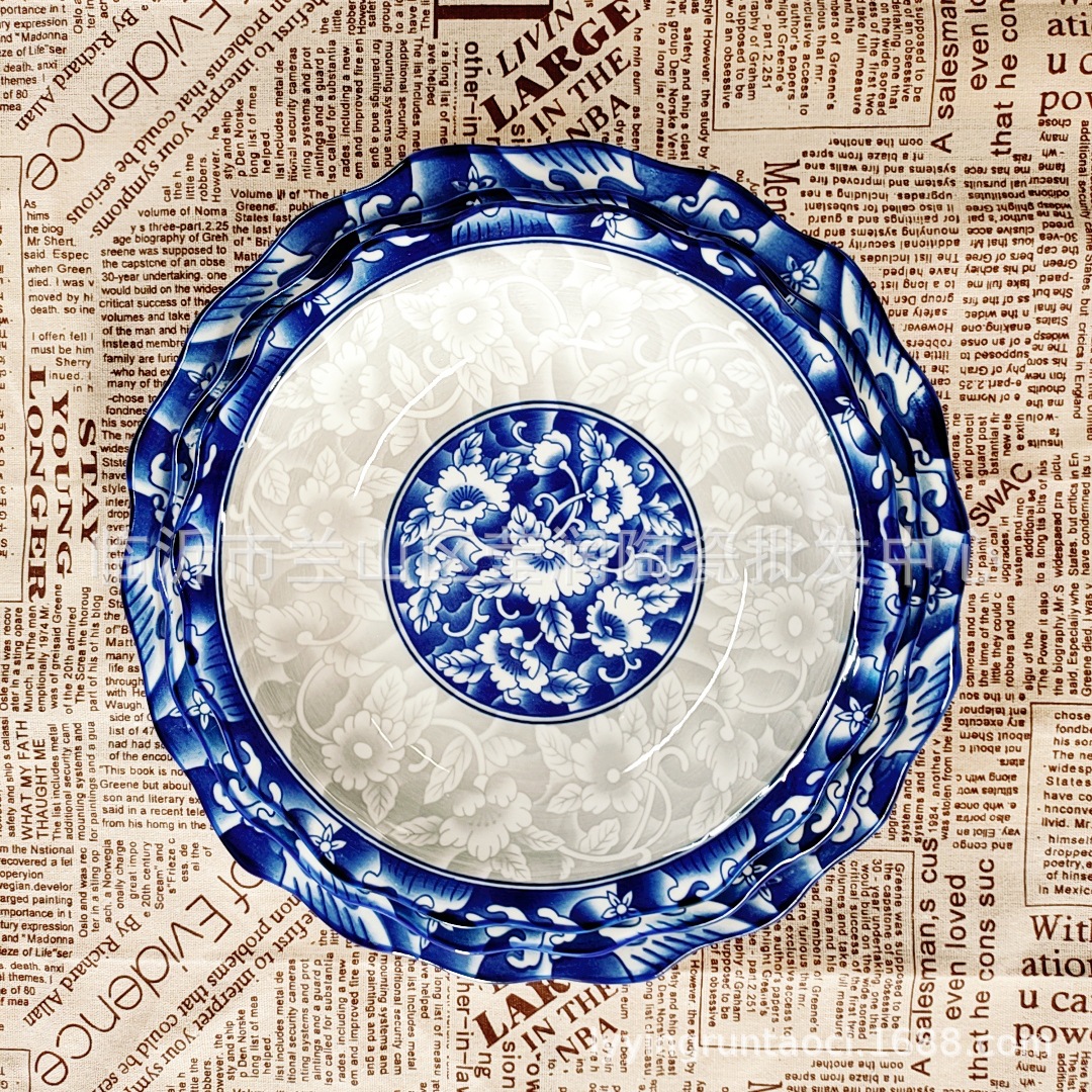 Comercio electrónico al por mayor de impresión verde cuencos y platos de cerámica se adaptan a las necesidades diarias vajilla de porcelana azul y blanca dos yuanes más que el suministro de la tienda