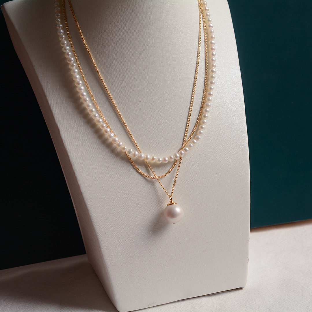 French Light Luxury Retro Natural Baroque Pearl Pendant Double Layer Long14k Gold-filled Braided Necklace For Women