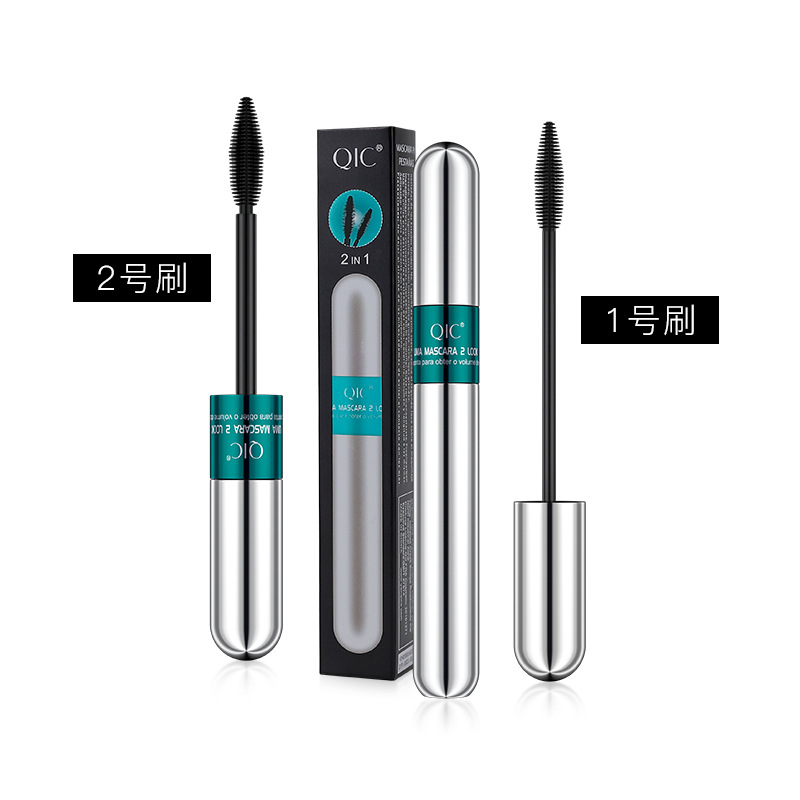 Cross border Amazon QIC double effect 4D eye black waterproof fiber long curl thick non caking 2in1 silicone brush head