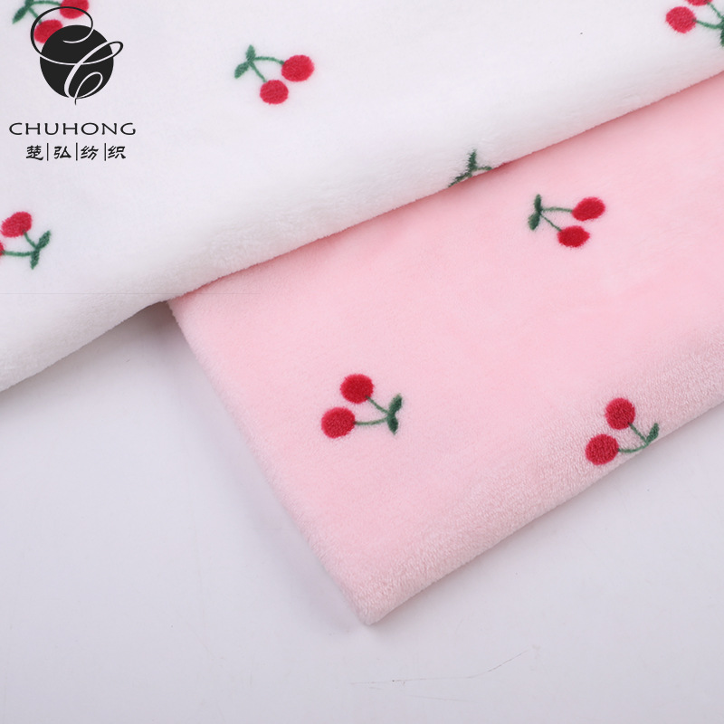 现货法兰绒印花樱桃 双面法兰绒印花秋冬童装毯子睡衣绒布面料