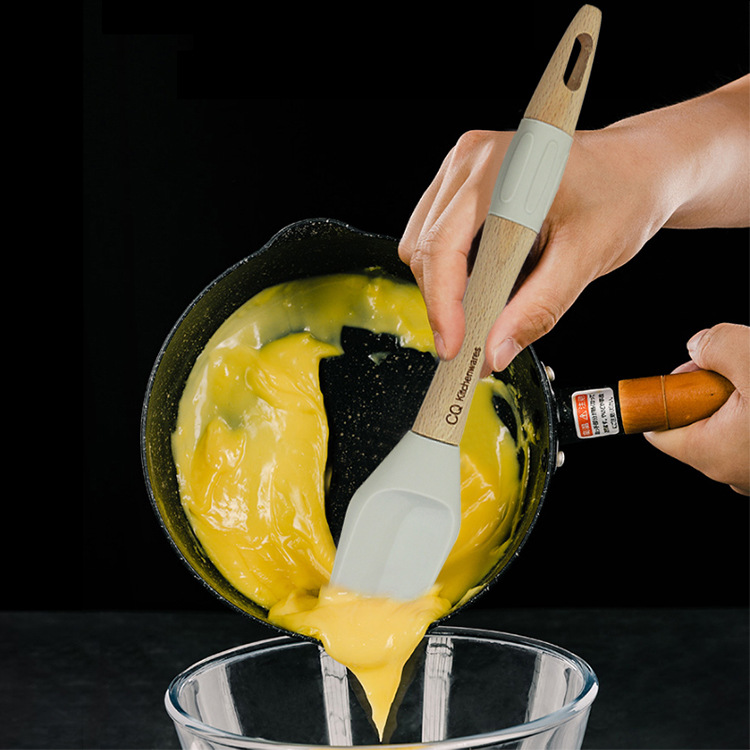 Mango de madera de silicona pala de madera sartén antiadherente pala de cocina pala de freír espátula de silicona mango de madera resistente a altas temperaturas espátula cuchara de freír agitación