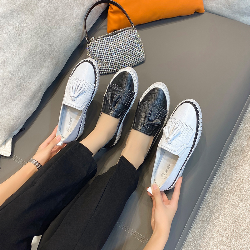 3031-2 Loafers Korean Leather Increased Tassel White Shoes Women's Round-toe Low-top Single-layer Shoes Casual Sewing Lazy Shoes 3031-2 Loafers Korean Leather Increased Tassel White Shoes Women's Round-toe Low-top Single-layer Shoes Casual Sewing Lazy Shoes