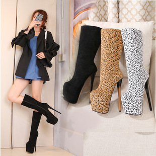 Daifa cross-border 20cm thin heel high heel high boots zipper but knee size 34-50 leopard print sexy women's boots