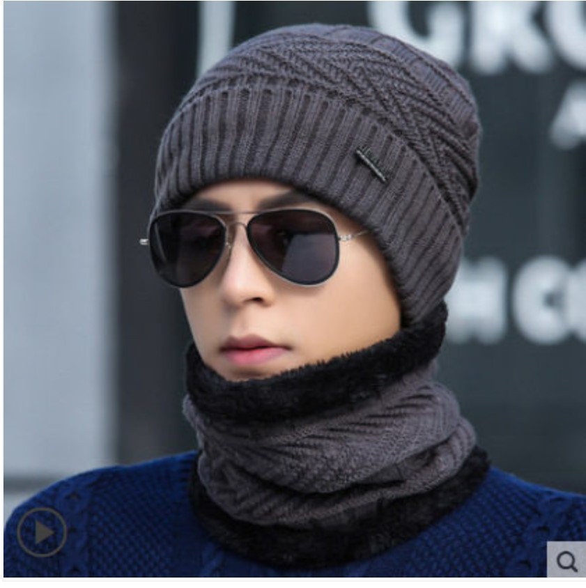 Demi-season keep warm knitted woolen hat, men's winter scarf, increased thickness