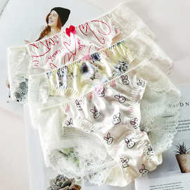 甜美日系少女蕾丝内裤可爱胖次色丁亮面小兔子女士三角裤荷叶边