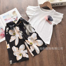 童装夏季韩版女童大花朵飞袖上衣T恤+印花裤子配腰带两件套装裤