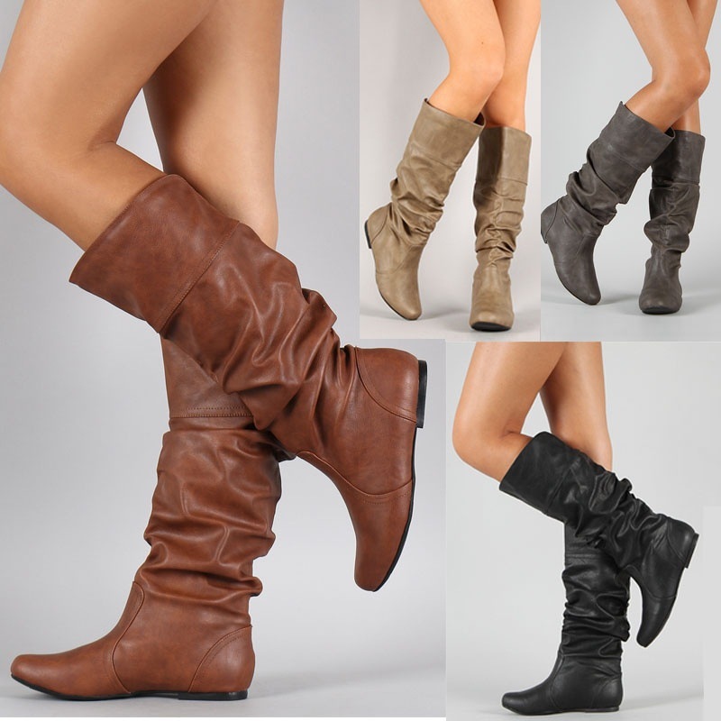 Fashion pleated boots high round head solid color_voghion.com