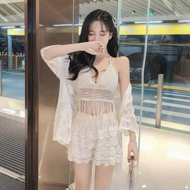 性感套装蕾丝抹胸开衫外套洋气套装女夜店沙滩度假分体泳衣3件套