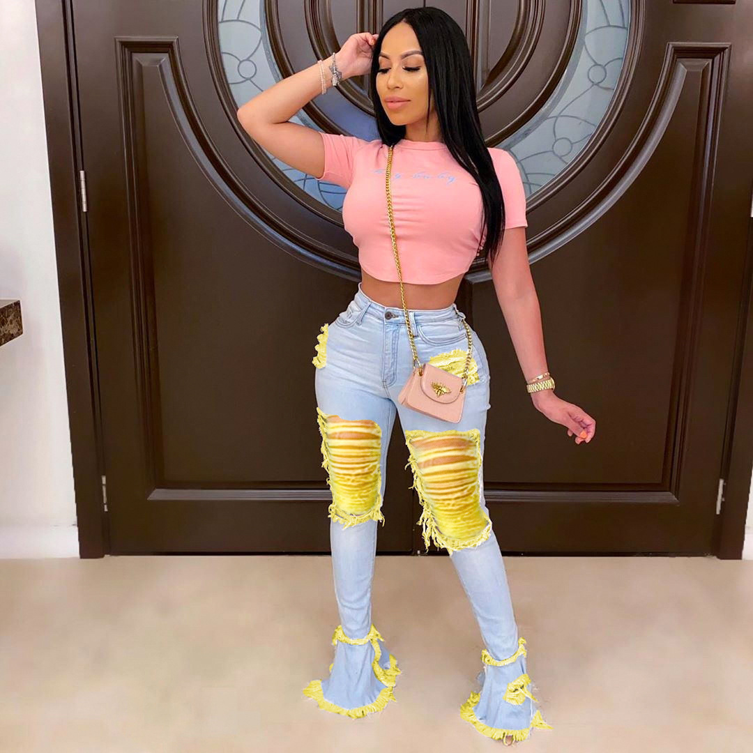 "Stretch High-Waisted Flared Jeans With Fringe – Retro Streetwear Denim Pants For Women_mkmklike.com