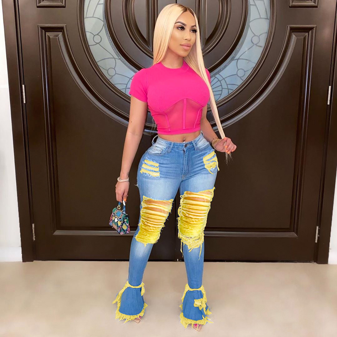 "Stretch High-Waisted Flared Jeans With Fringe – Retro Streetwear Denim Pants For Women_mkmklike.com