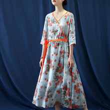 2045喜墨新款苎麻数码印花五分袖高腰连衣裙　宽松有腰带气质长裙