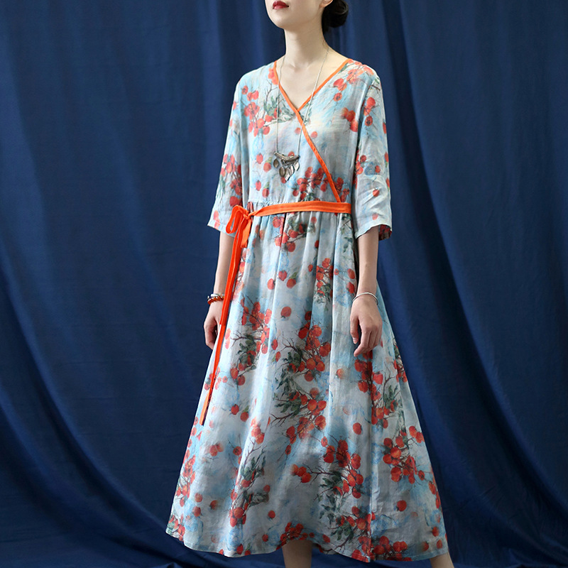 2045喜墨新款苎麻数码印花五分袖高腰连衣裙　宽松有腰带气质长裙