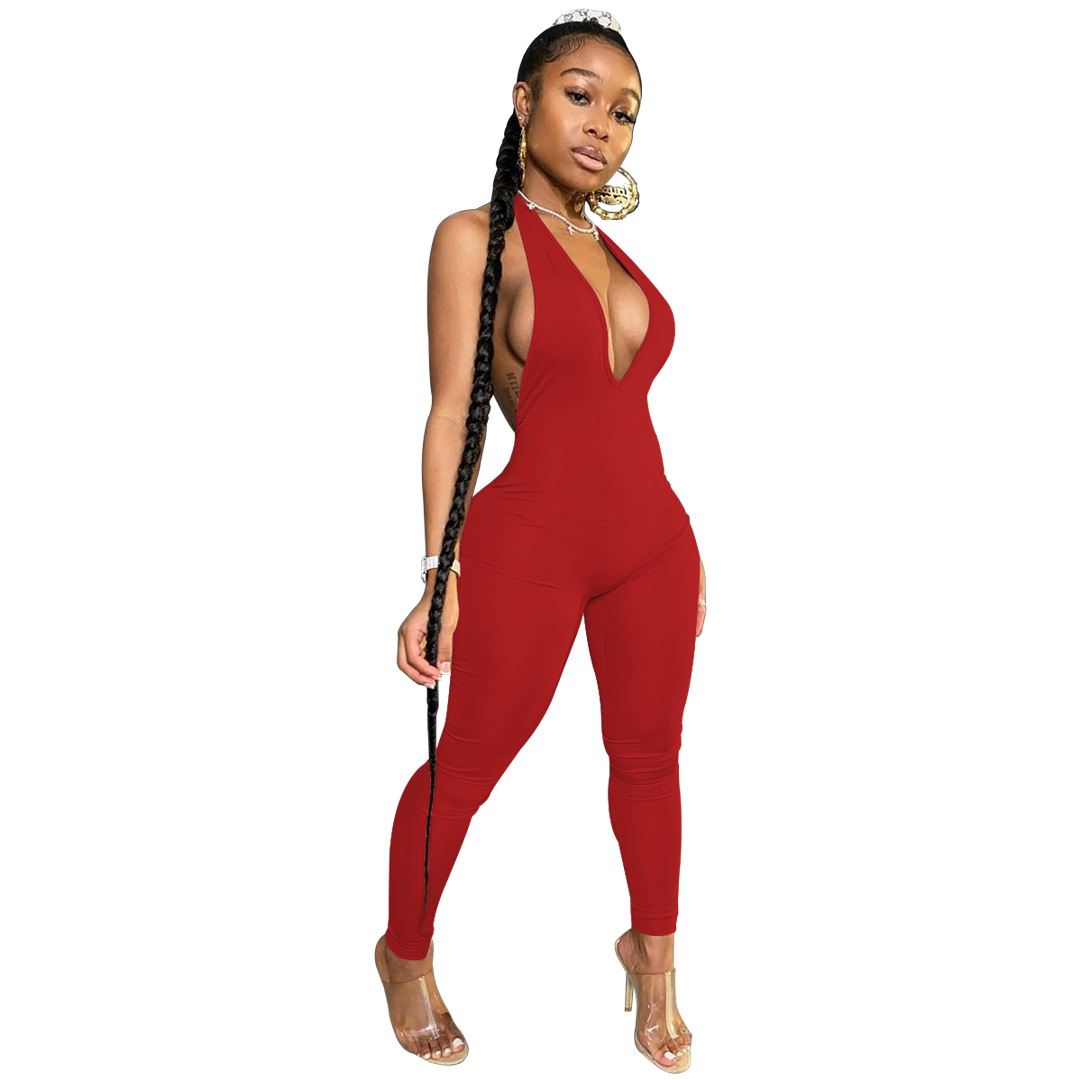 A8570 European and American Clothing Supply Independent Station Amazon Aliexpress Fashion Sexy Backless Deep V Halter Jumpsuit