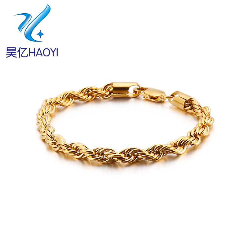 Hiphop nightclub hip hop 6mm men's bracelet gold plated 18k twist chain stainless steel braided twisted rope bracelet wholesale