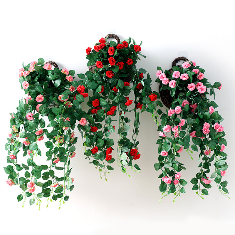 Artificial Rosa colgante de pared interior flor artificial ratán boda sala de estar decoración de la pared colgante de plástico vid Rosa cesta colgante