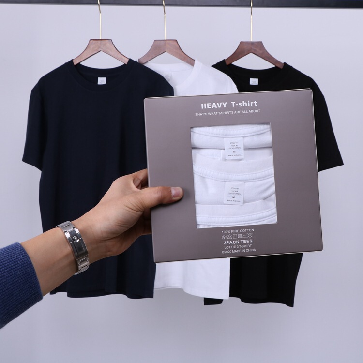 3-Piece Gift Box Set of Men's and Women's Seamless Knit Pure Cotton White Base T-Shirts, Men's Casual Versatile T-Shirt