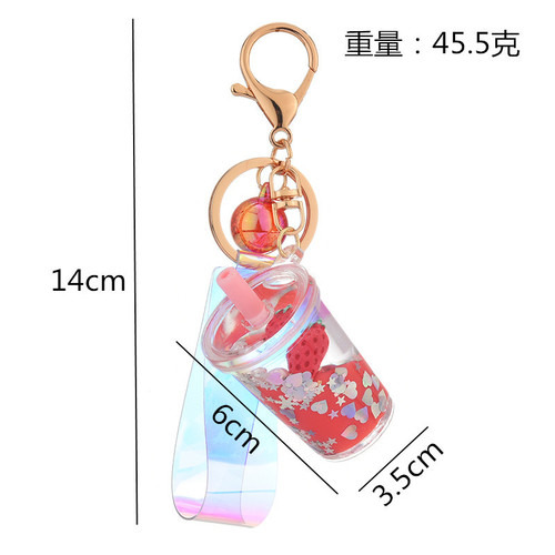 Creative fruit strawberry milk tea keychain personalized oiled pineapple acrylic quicksand bag pendant key chain ring