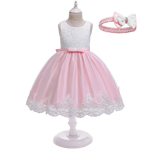 Foreign trade wholesale new girls long skirt bow lace dress middle and older children evening dress kids dress