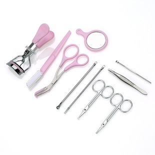 Spot beauty tools eyebrow knife eyebrow comb scissors girl pink makeup mirror eyelash curler tool set