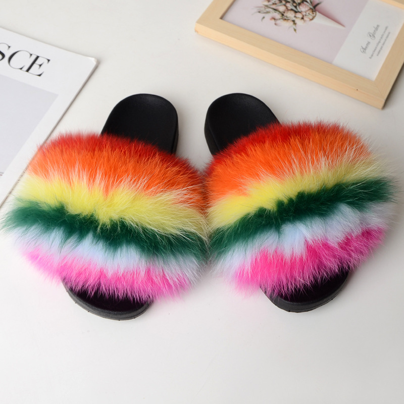 Amazon Wish European and American Net Flats Red Fox Fur Slippers for Women to Wear at Home Cross-Border European and American Style Slippers