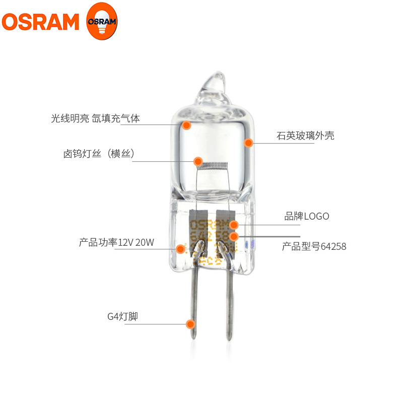 독일 OSRAM 할로겐 텅스텐 전구 64258-C 12V 20W 병원 생화학 분석 장비