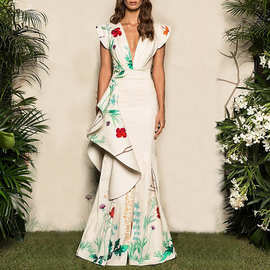 欧美数码印花女装性感礼服跨境连衣裙V领鱼尾裙厂家直销量大优惠