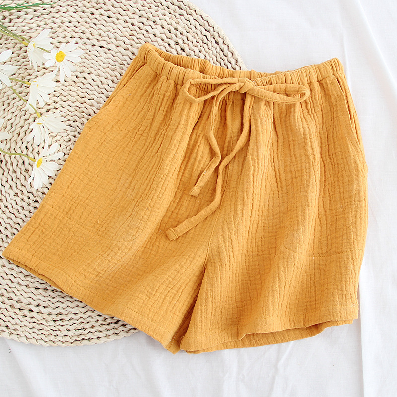 Women's New All Cotton Thin Summer Crepe Shorts Breathable Soft Home Pants Outwear Beach Pants Lace-Up Pajama Pants