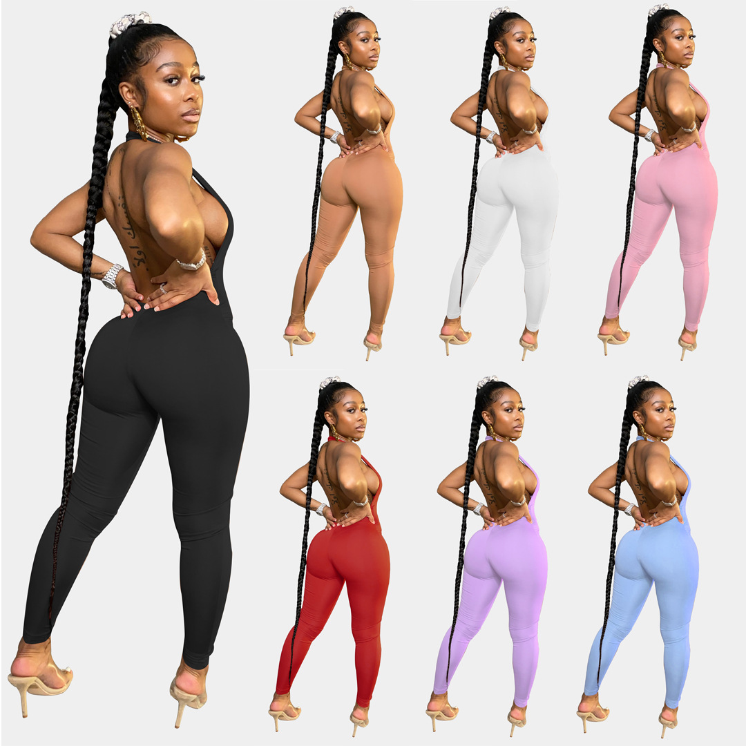 A8570 European and American Clothing Supply Independent Station Amazon Aliexpress Fashion Sexy Backless Deep V Halter Jumpsuit