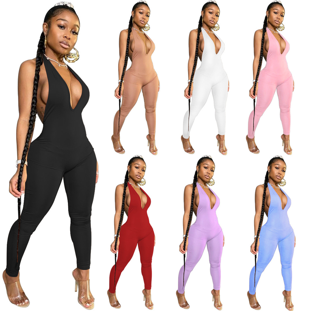 A8570 European and American Clothing Supply Independent Station Amazon Aliexpress Fashion Sexy Backless Deep V Halter Jumpsuit