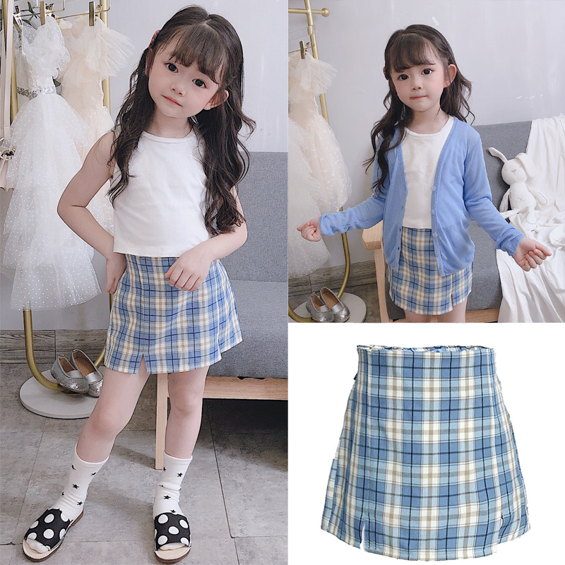格子半身裙兒女童春2024夏季新款高腰少女短裙顯瘦開叉a字裙子