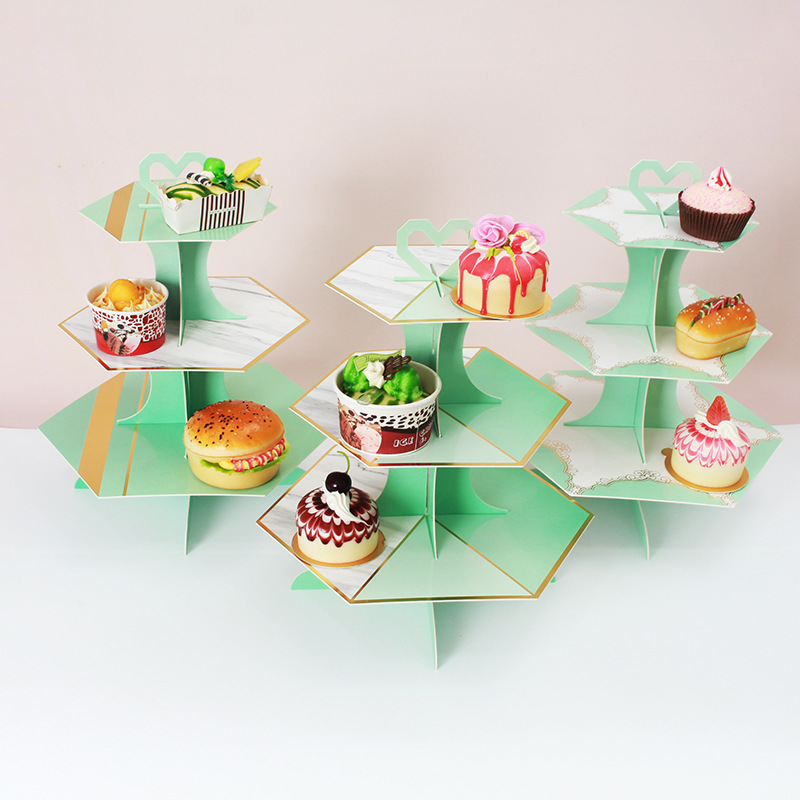 三层六边形大理石纹烫金蛋糕架 生日派对装扮用品 纸质点心甜品架