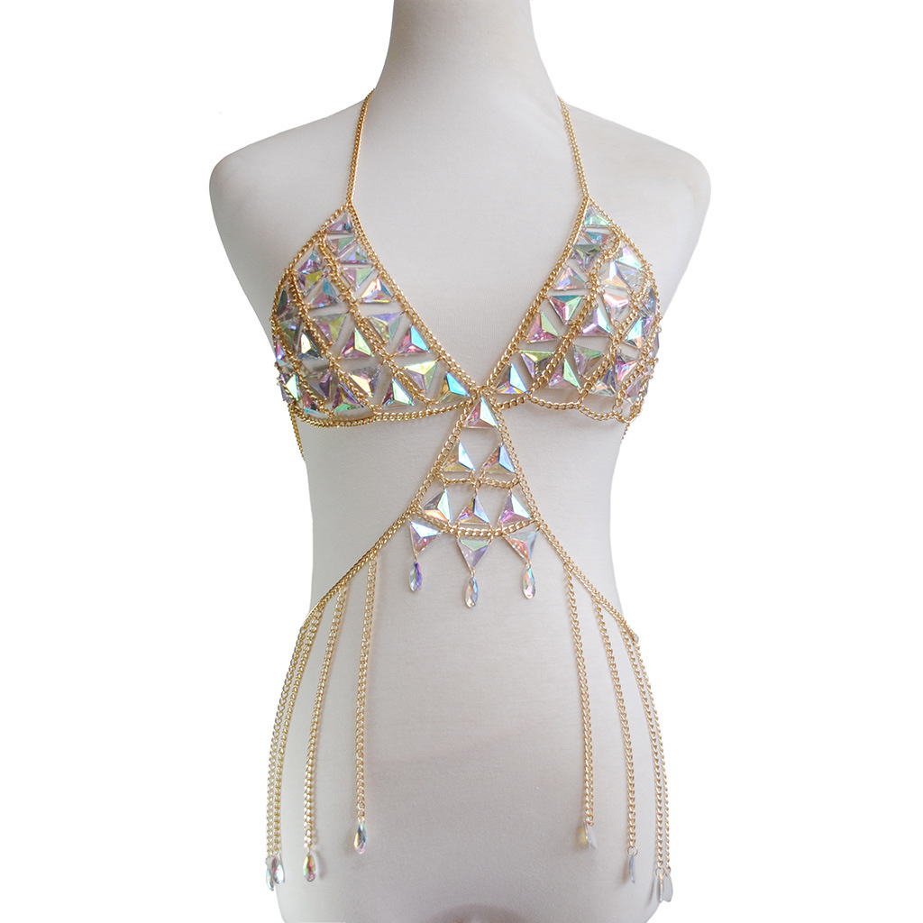 Europea y americana transfronteriza nuevos accesorios de cristal sujetador cadena verano playa vacaciones estilo bikini cuerpo cadena traje