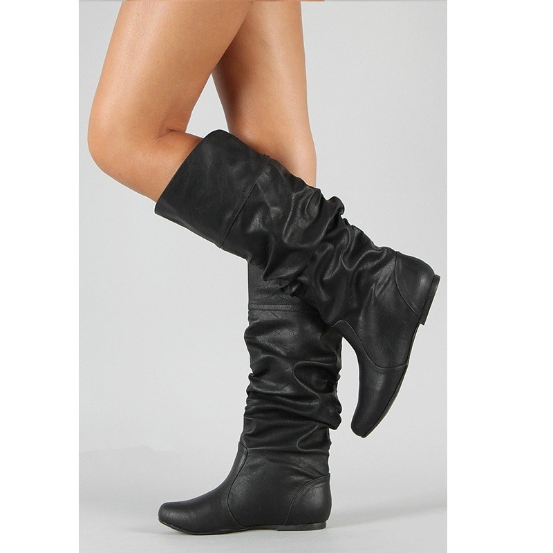 Fashion pleated boots high round head solid color_voghion.com
