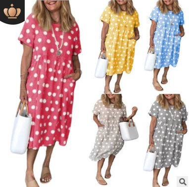 2023 Amazon, летняя новая горячая версия, сексуальное свободное платье с карманами и короткими рукавами в горошек, готовое к продаже